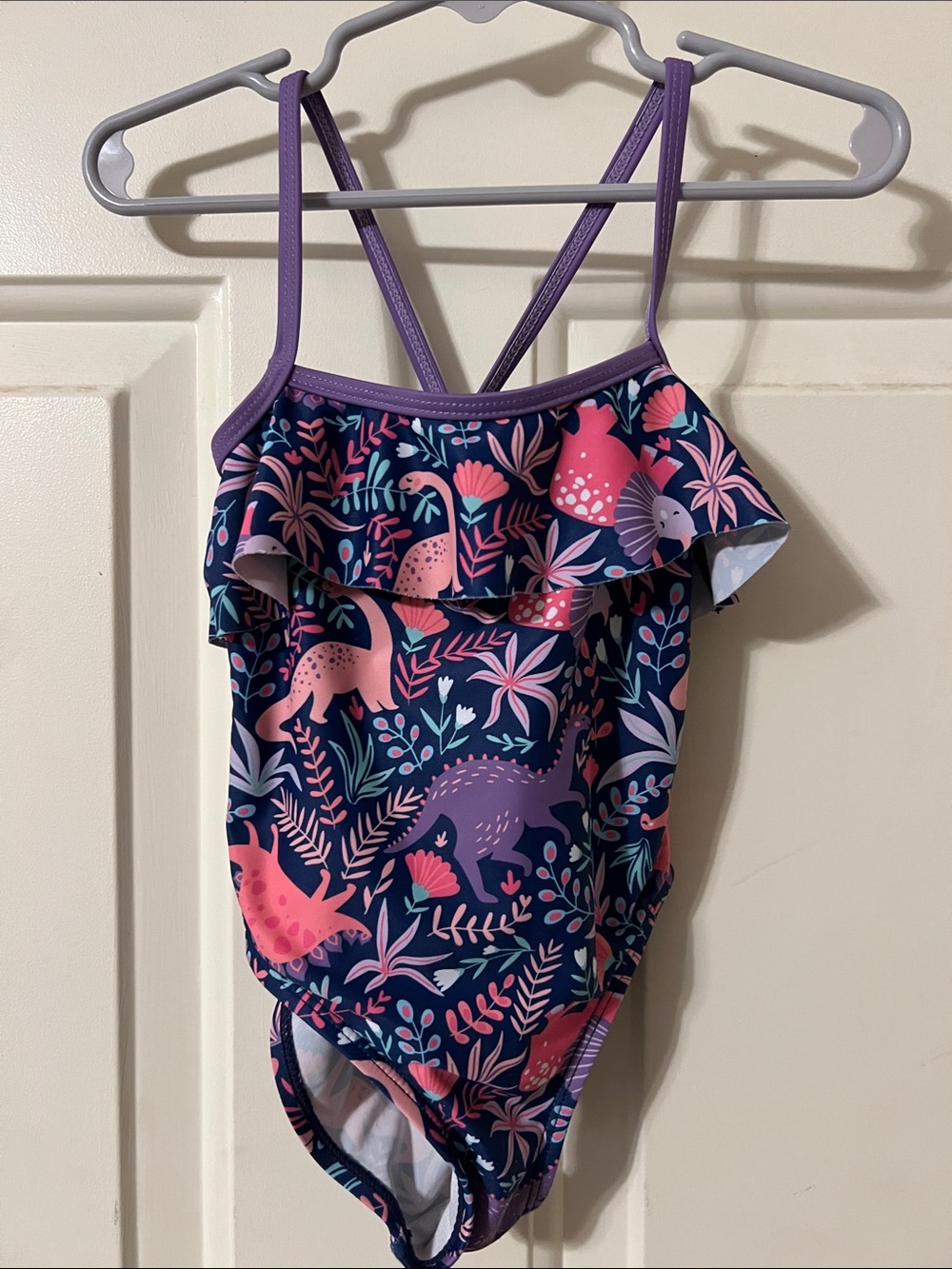 Andy & Evan Navy One-Piece Swimsuit with Pink and Purple Dino Print